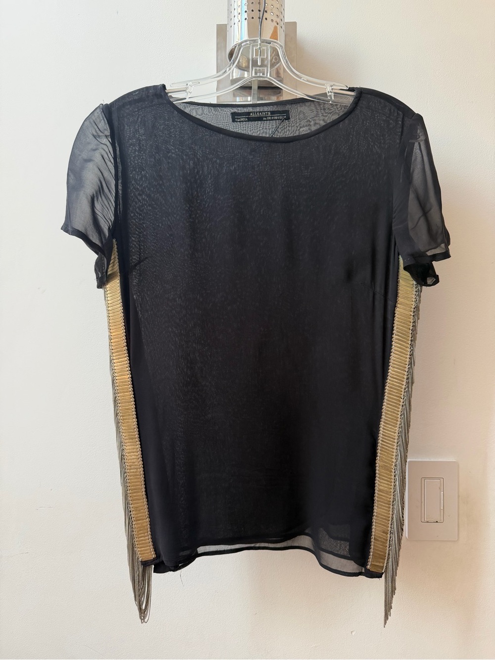 AllSaints Black Sheer Short-Sleeve Top with Gold Fringe Trim